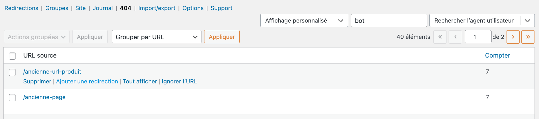 Redirection Liste Filtree